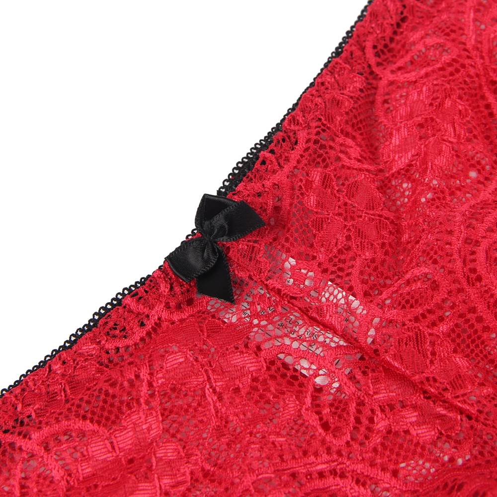 Red lace bralette with black bow detail