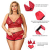 Three piece red lace lingerie set with bralette panty and shorts