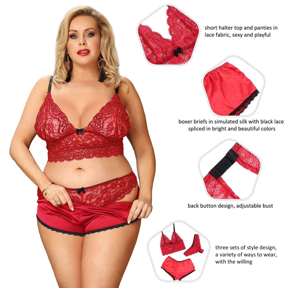 Three piece red lace lingerie set with bralette panty and shorts