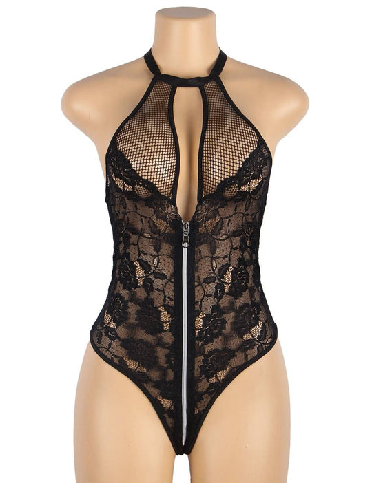Plus Size Sexy Floral Lace Stitching Backless Zipper Teddy in burgundy - Love It Curvy