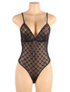 Plus Size Mesh Velvet Deep-V Teddy Bodysuit in Black - Love It Curvy