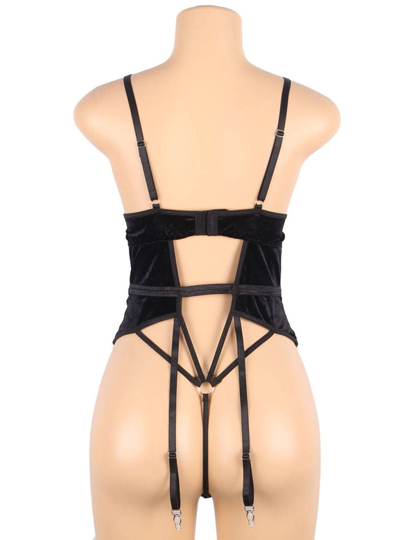 Deep V Garter Lace Velvet Stitching Teddy - Love It Curvy