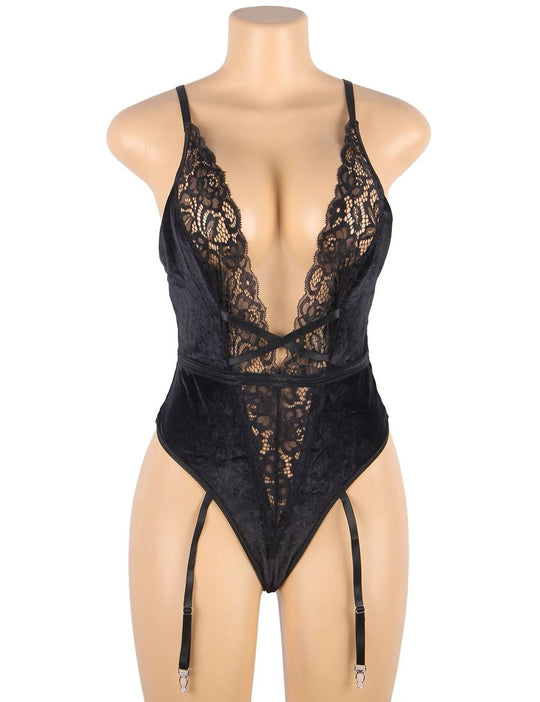 Deep V Garter Lace Velvet Stitching Teddy in red - Love It Curvy