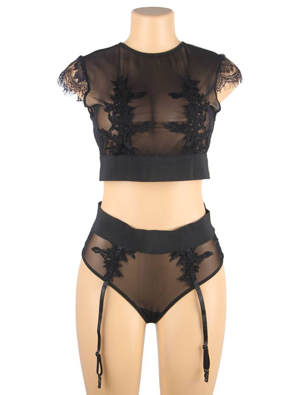 Love It Curvy: Plus Size Black High Waist Elegant Embroidery Bra And Garter Panty Set in black - Love It Curvy