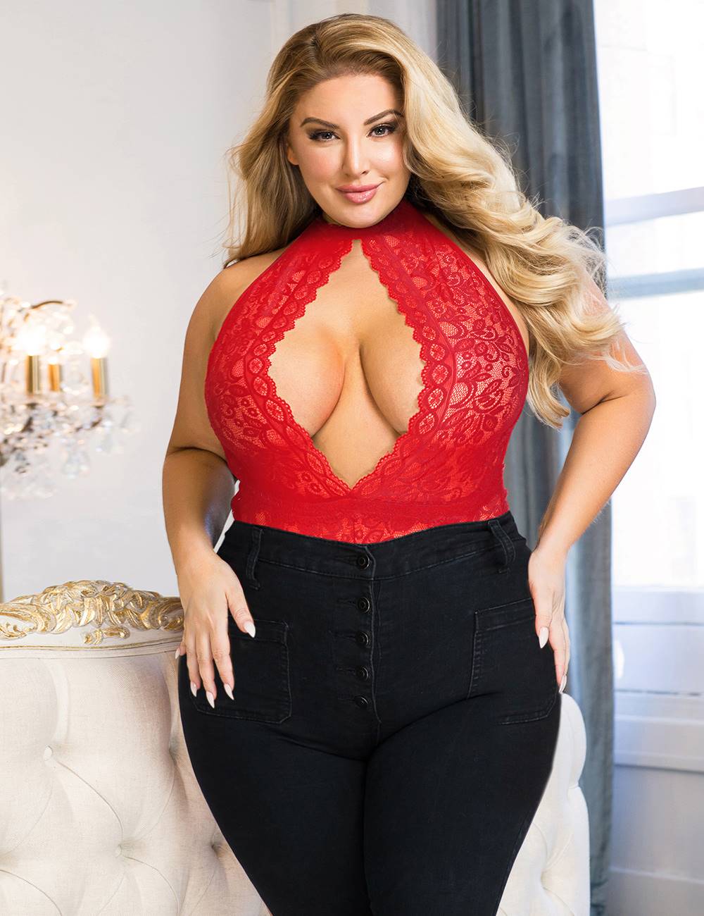Plus Size Red Exquisite Lace Open Cup Teddy - Love it Curvy
