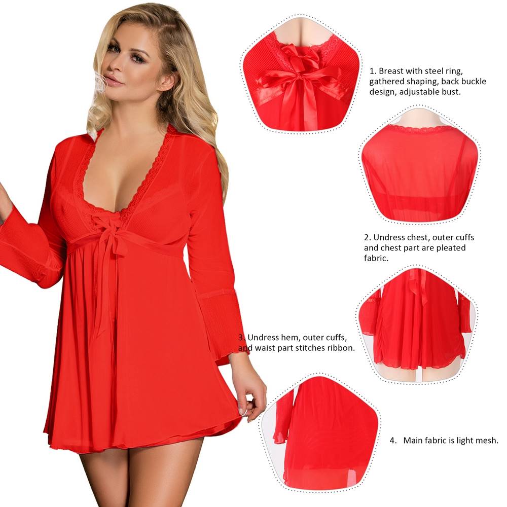 Plus Size Red Mesh Bell Sleeve Robe And Babydoll Set