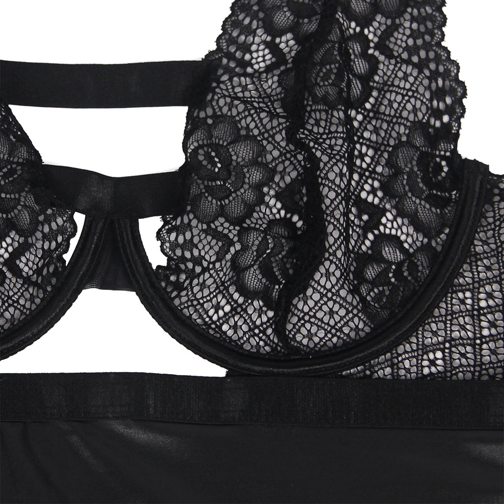 Plus Size Leather Lace Nightwear Sexy Sheer Dress For Women Backless - Love It Curvy