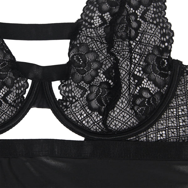 Plus Size Leather Lace Nightwear Sexy Sheer Dress For Women Backless - Love It Curvy