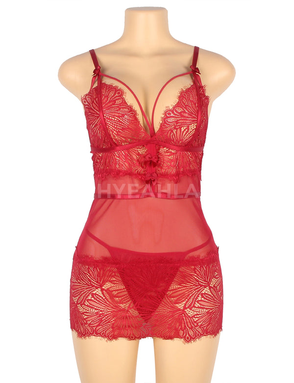 Plus size lace babydoll with adjustable shoulder straps in red, image 1