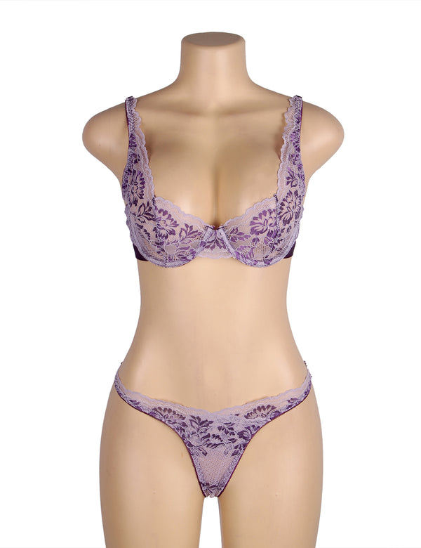 Love It Curvy: Floral Two-Tone Lace Bra And Panty Set in purple - Love It Curvy