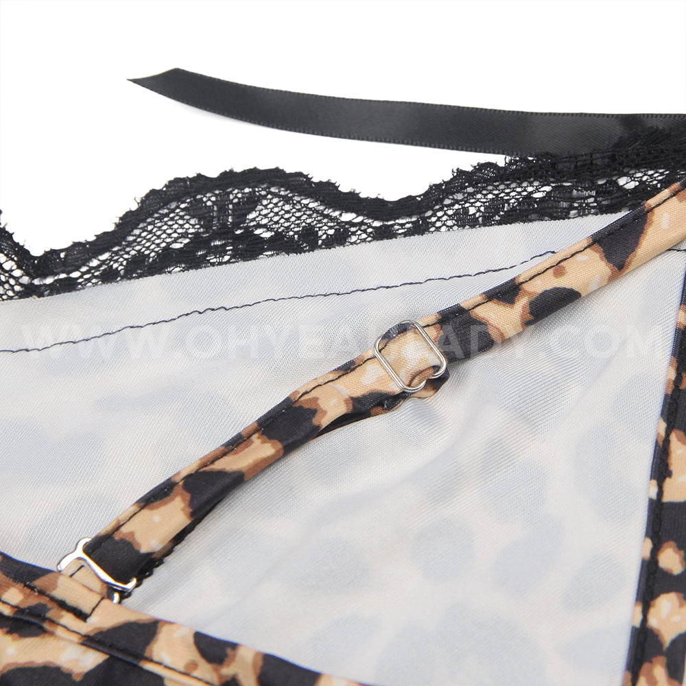 Leopard Print Sexy Babydoll Spliced Lace Sleepwear Silk Nightgown - Love It Curvy