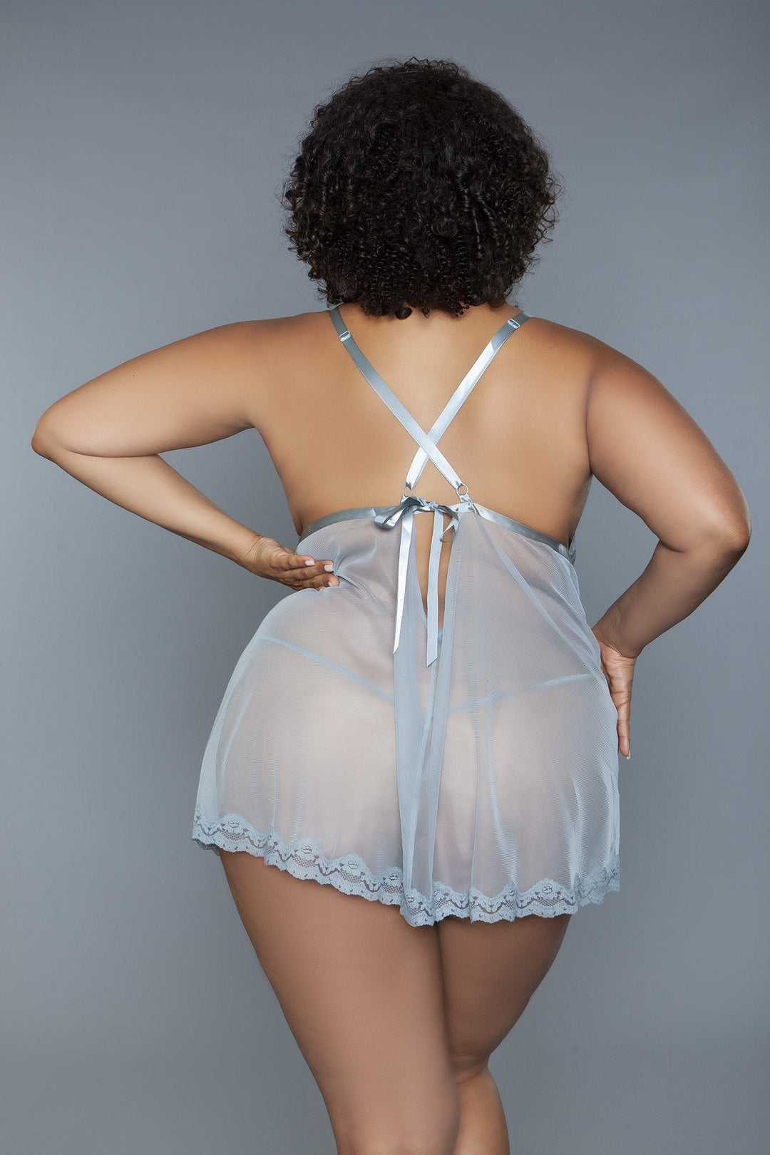 Bridgette plus size floral lace and sheer mesh babydoll set in Grey, image 6