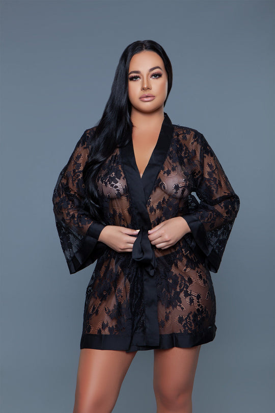 2275 Delia Robe Floral Lace Robe with Satin Trimming - Love it Curvy
