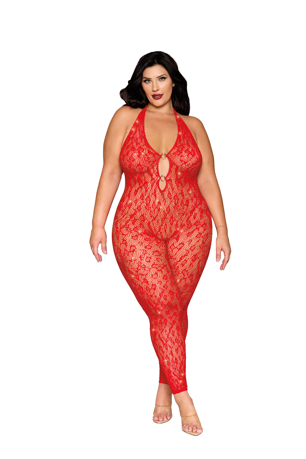 Rhinestone Bodystocking Dmnd - Queen Size - Poinsettia - Love it Curvy