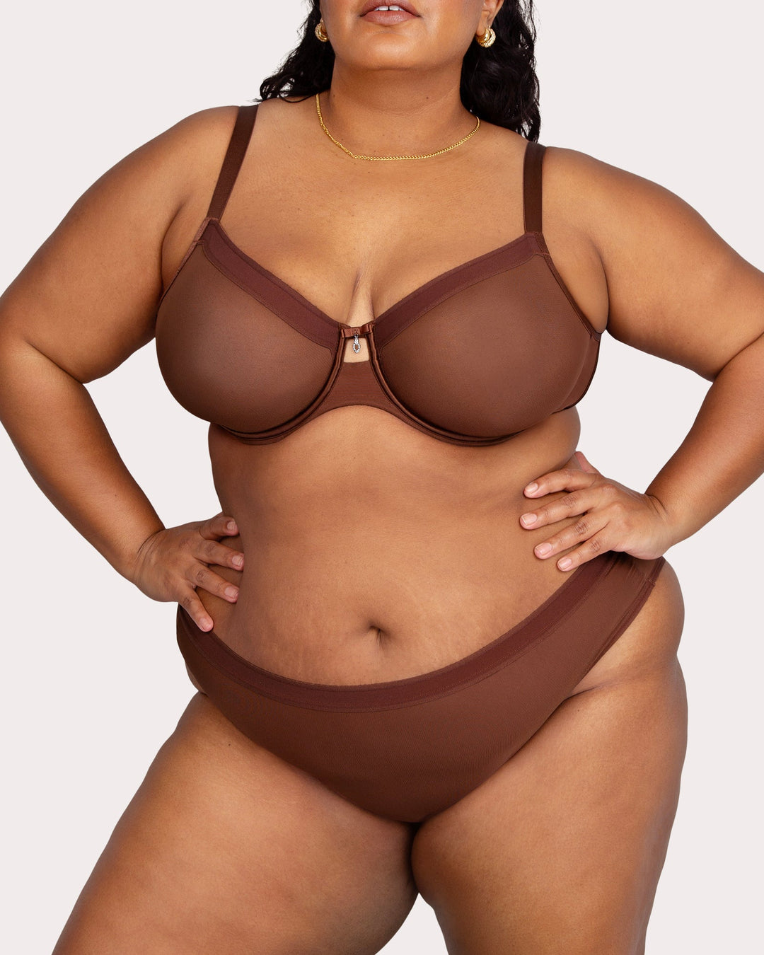 Curvy Couture Sheer Mesh Full Coverage Unlined Underwire Bra in Chocolate Nude