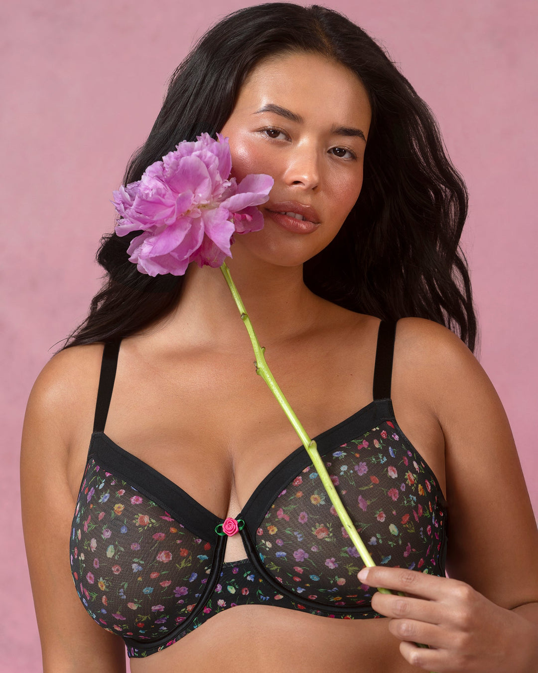 Curvy Couture Sheer Mesh Full Coverage Unlined Underwire Bra in Meadow Dream