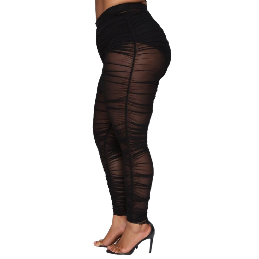 Black Sheer Mesh Ruched Leggings | Plus Size | Love It Curvy