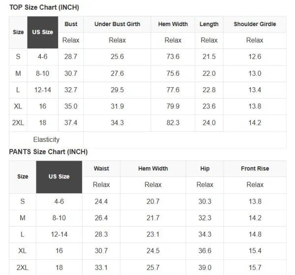 Size chart for tops and pants in inches, featuring US sizes S to 2XL with measurements for bust, waist, hip, and more.