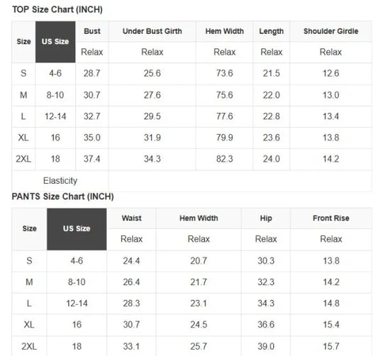 Size chart for tops and pants in inches, featuring US sizes S to 2XL with measurements for bust, waist, hip, and more.