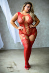 woman wearing a red sleeveless fishnet mesh bodystocking with attached garter style stockings, plus size