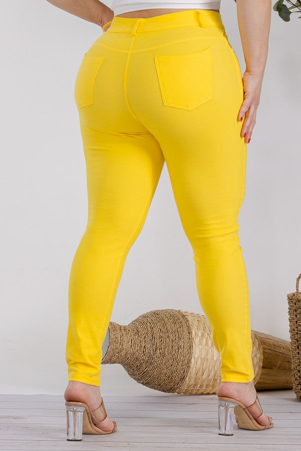 Plus Size Cotton-Blend 5-Pocket Skinny Jeggings - Yellow