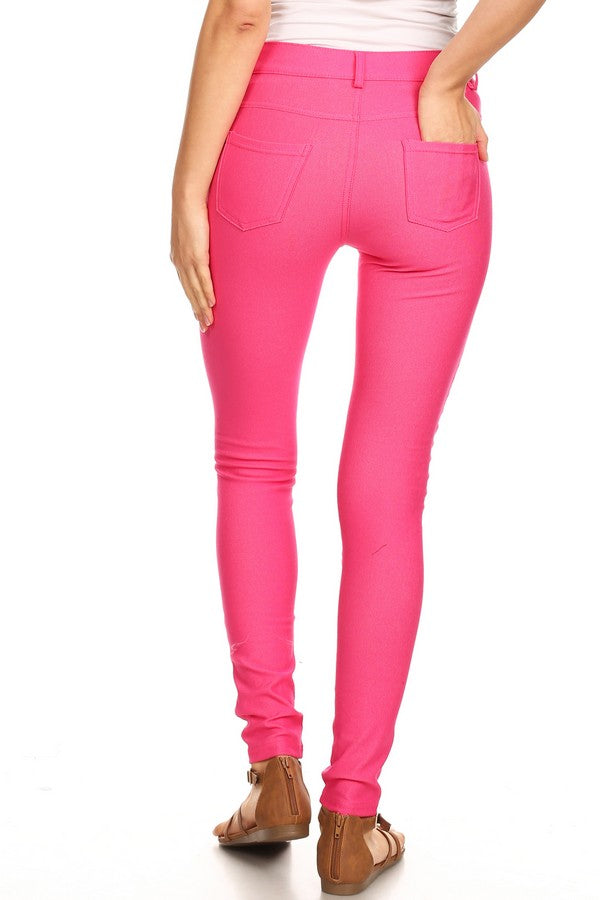 Cotton-Blend 5-Pocket Skinny Jeggings - Fuchsia