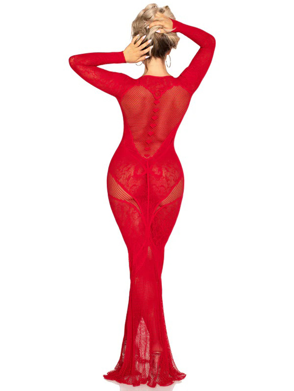 Red Lace and Net Body Con Gown - With Heart Keyhole Detail - Os - Love it Curvy