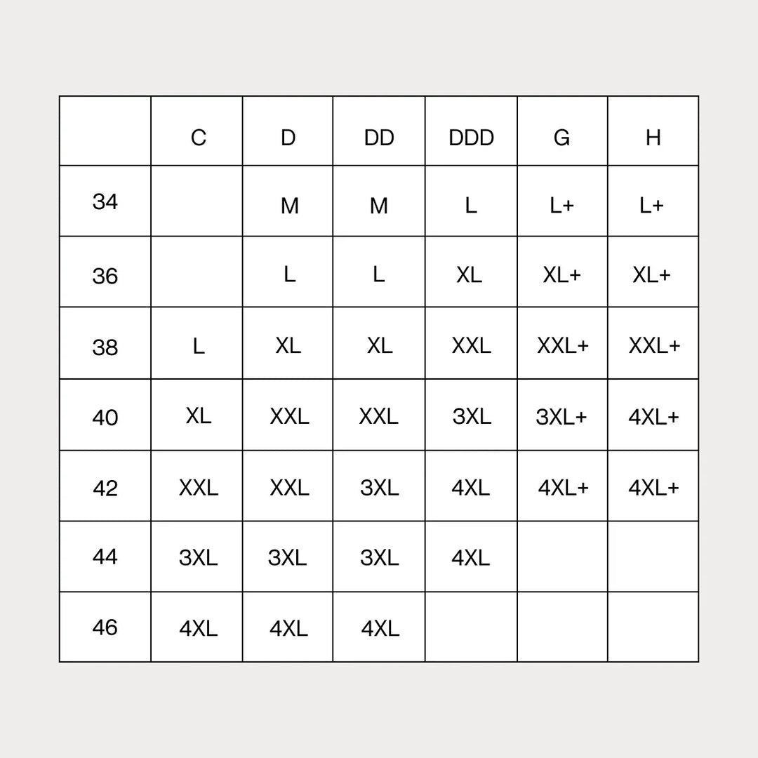 A size chart grid showing clothing size mappings from C to H with size numbers 34 through 46, on a light gray background.