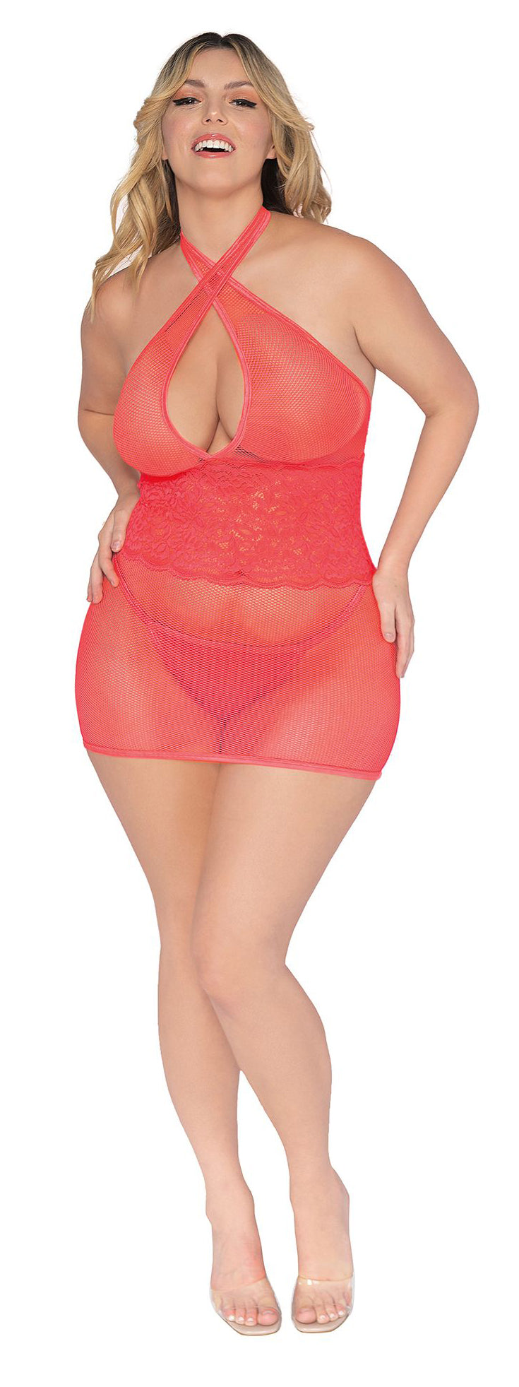Stretch Fishnet and Scalloped Stretch Lace Chemise - Queen - Coral - Love it Curvy