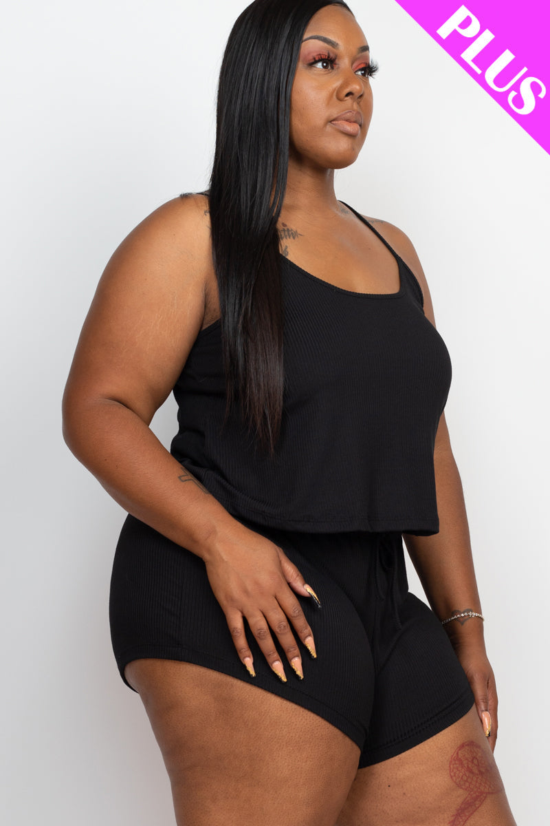 Plus Size Ribbed Strappy Top & Shorts Set (CAPELLA) - sku-46369126187296 - Love it Curvy