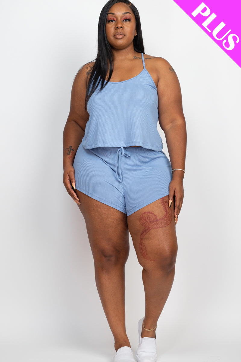 Plus Size Ribbed Strappy Top & Shorts Set (CAPELLA) - sku-46369126318368 - Love it Curvy