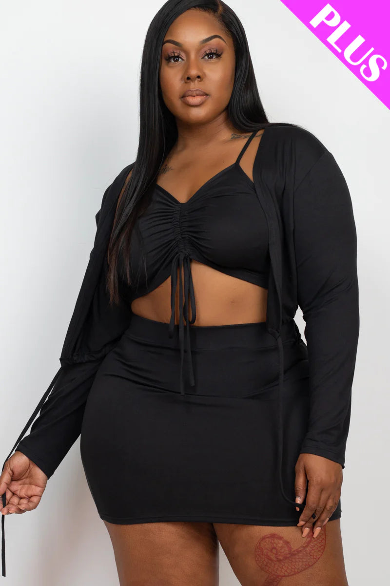 Plus Size Black Ruched Drawstring Cami Top &amp; Skirt Set With Cardigan - Love it Curvy