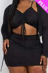 Plus Size Black Ruched Drawstring Cami Top & Skirt Set With Cardigan - Love it Curvy