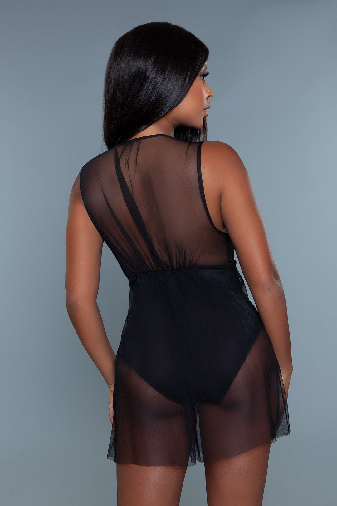 Amira black plus size sheer mesh babydoll with built-in bodysuit, image 4