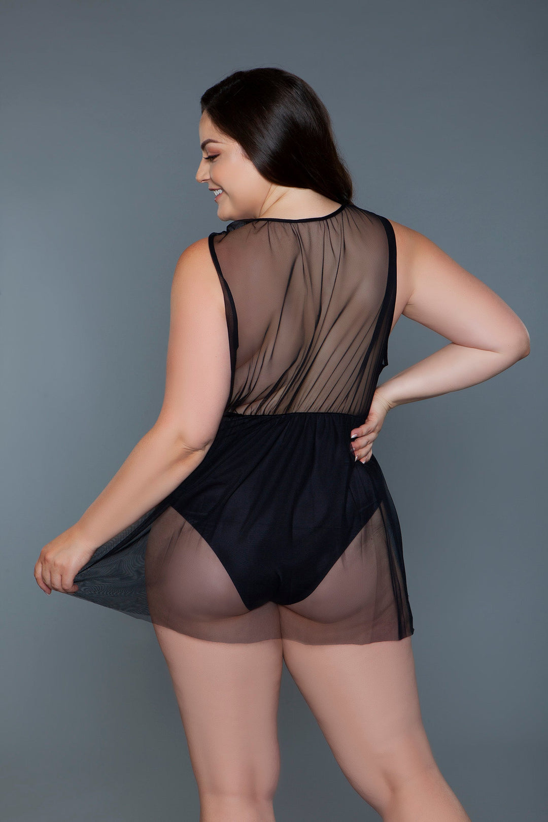 Amira black plus size sheer mesh babydoll with built-in bodysuit, image 7