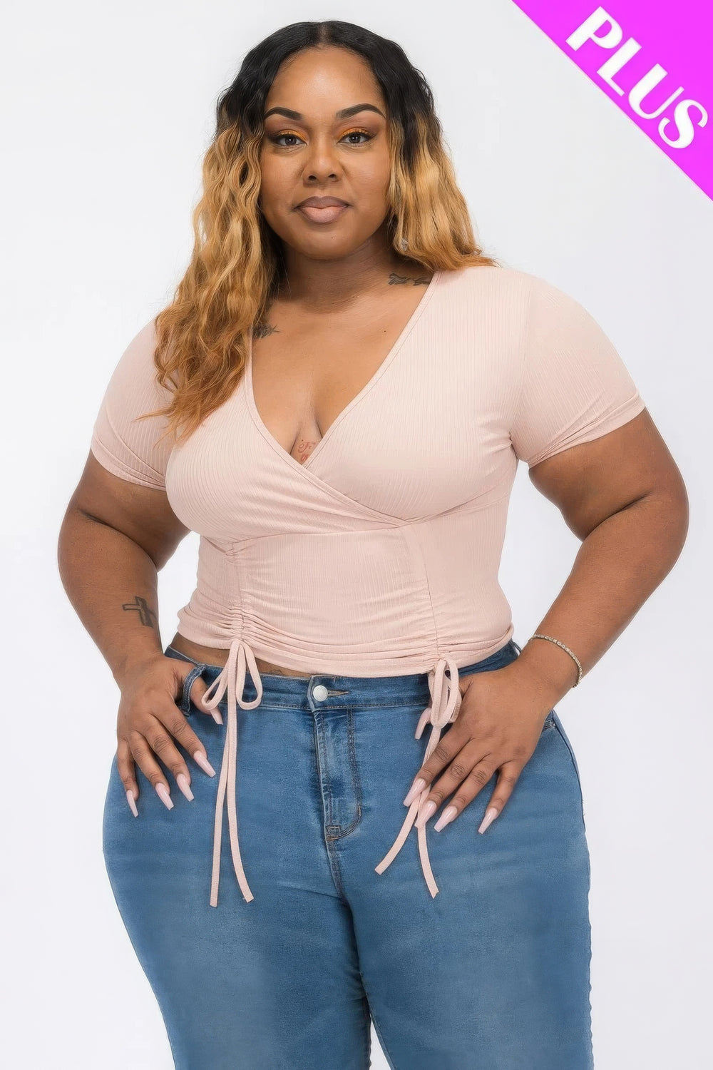 Plus Ribbed Ruched Drawstring Surplice Top - Love it Curvy