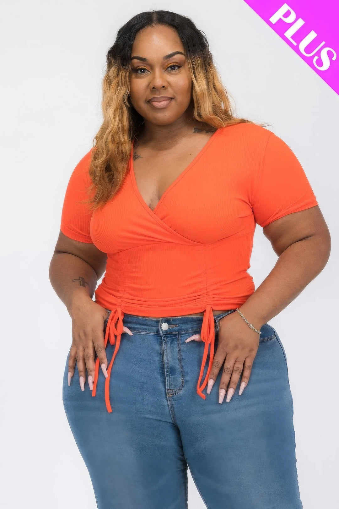 Plus Ribbed Ruched Drawstring Surplice Top - Love it Curvy