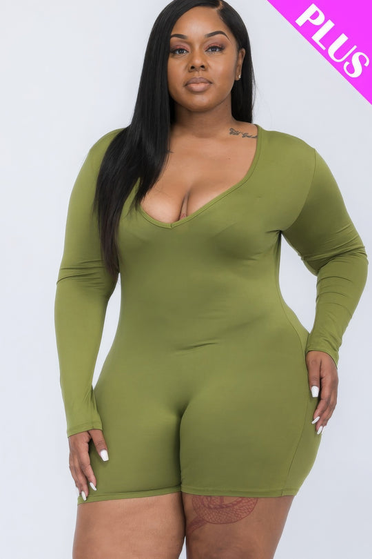 Plus V-neck Long Sleeve Bodycon Romper - Love it Curvy