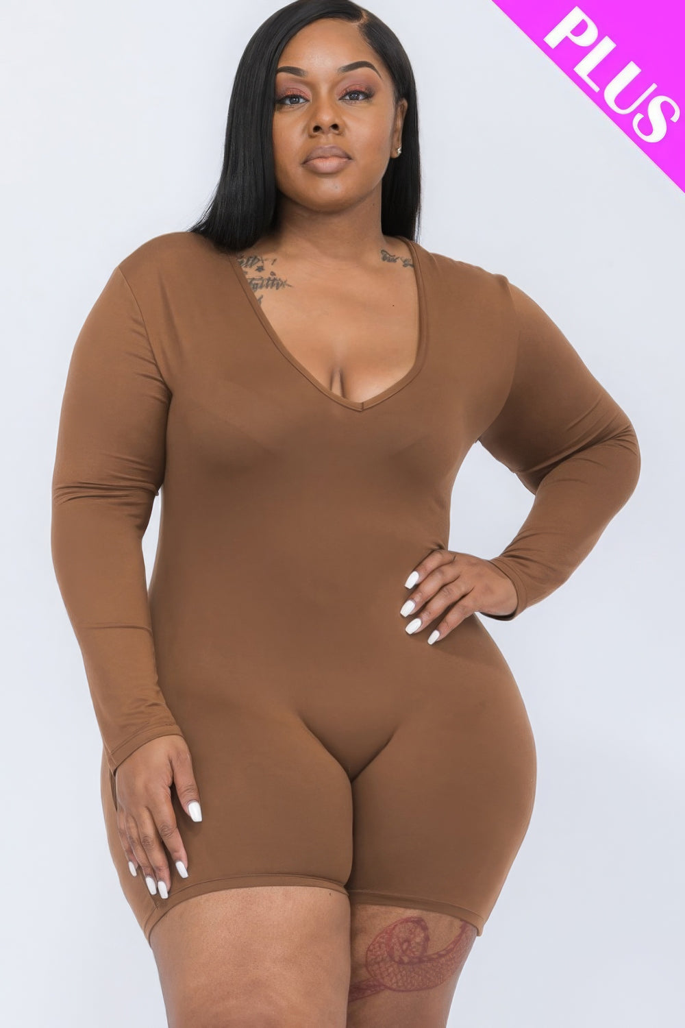 Plus V-neck Long Sleeve Bodycon Romper - Love it Curvy