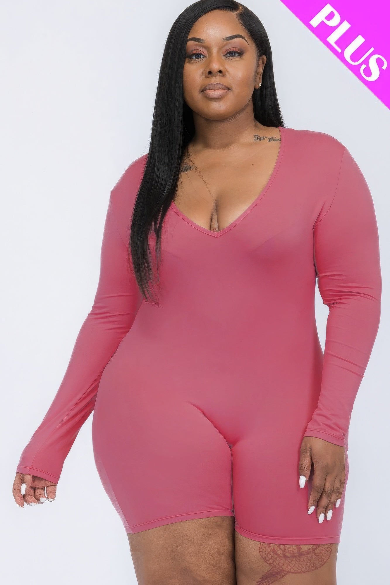 Plus V-neck Long Sleeve Bodycon Romper - Love it Curvy