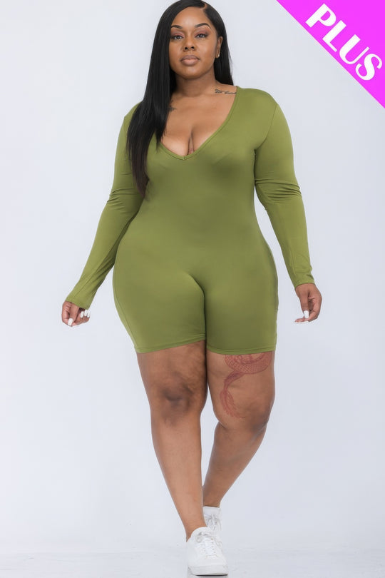 Plus V-neck Long Sleeve Bodycon Romper - Love it Curvy