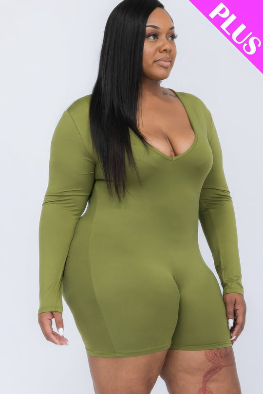 Plus V-neck Long Sleeve Bodycon Romper - Love it Curvy