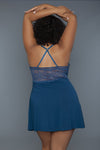 Blue lace lingerie dress with crisscross back, flattering curves for plus-size comfort