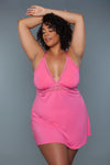Pink plus-size lingerie dress with lace trim, designed for curvy confidence