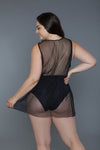 Black sheer bodysuit with mesh detailing, designed for plus-size confidence and style