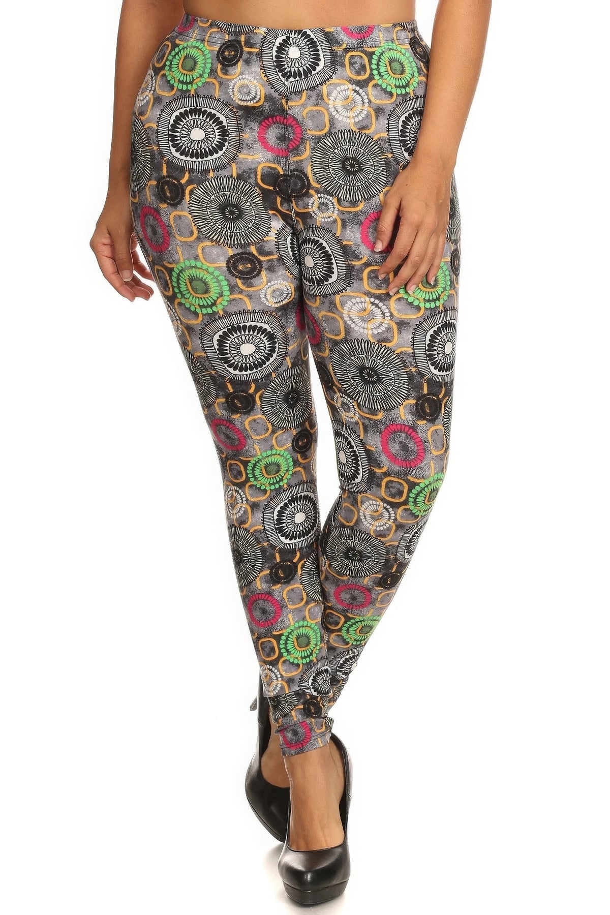 Plus Size Abstract Print, Full Length Leggings In A Slim Fitting Style With A Banded High Waist