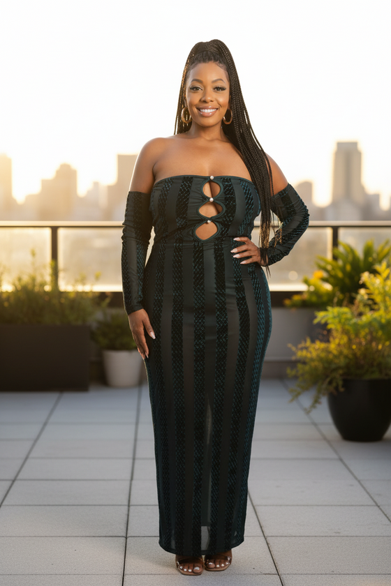 Striped Velvet Off Shoulder Dress