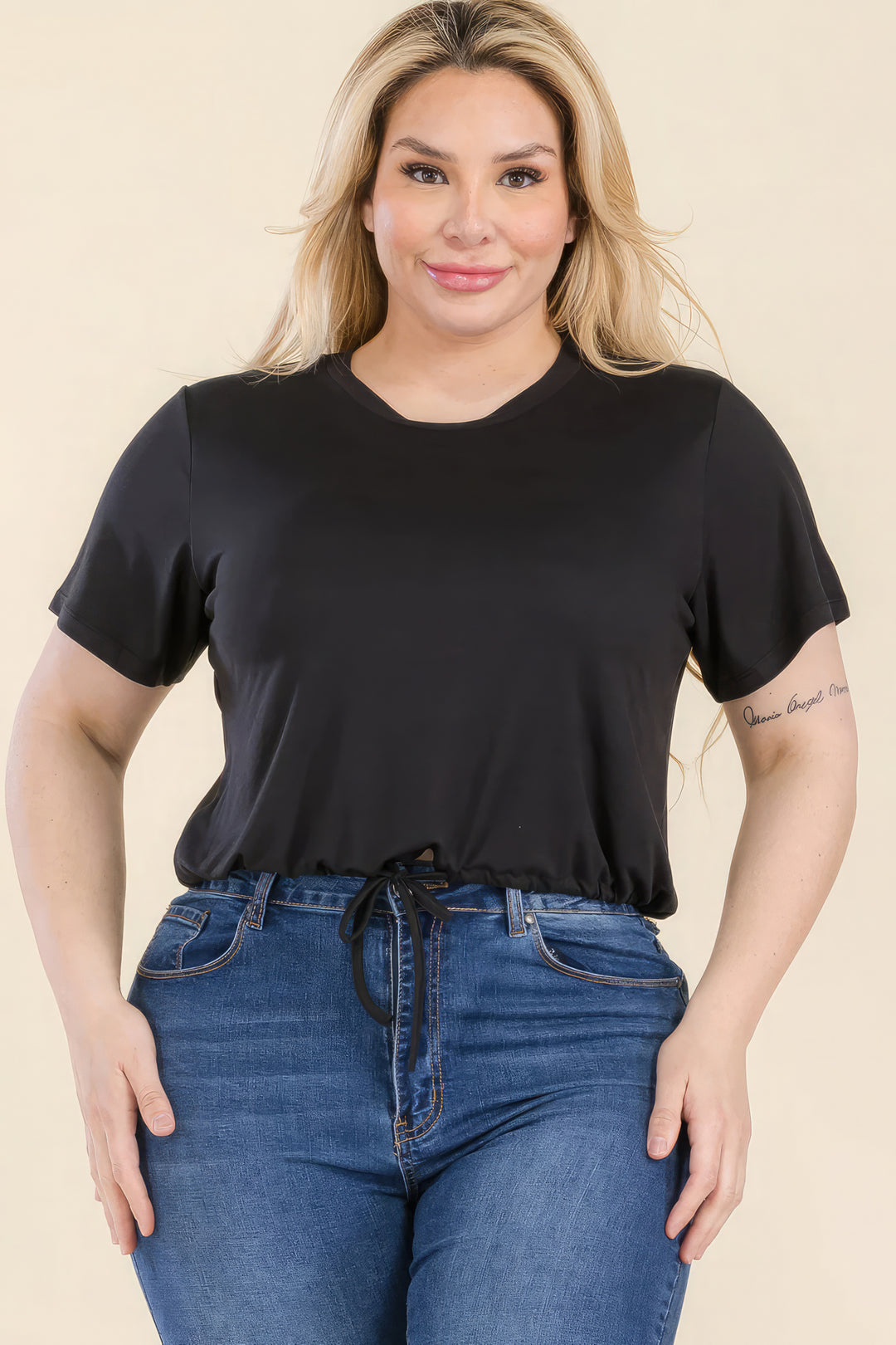 Plus Size Tie Front Drawstring Short Sleeve Crop Top - Love it Curvy