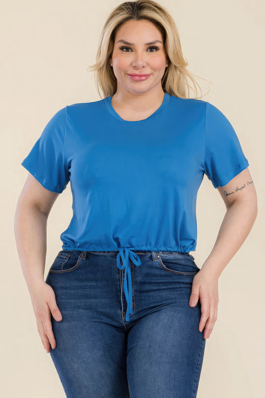 Plus Size Tie Front Drawstring Short Sleeve Crop Top - Love it Curvy
