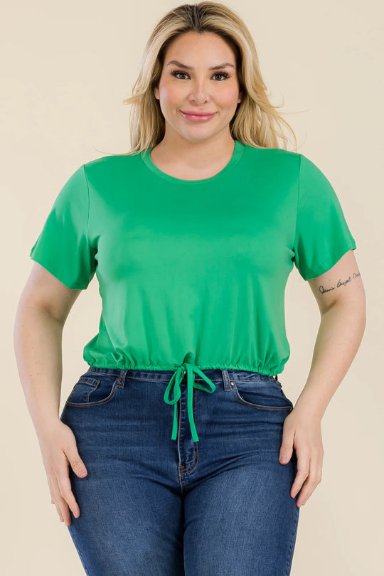 Plus Size Tie Front Drawstring Short Sleeve Crop Top - Love it Curvy